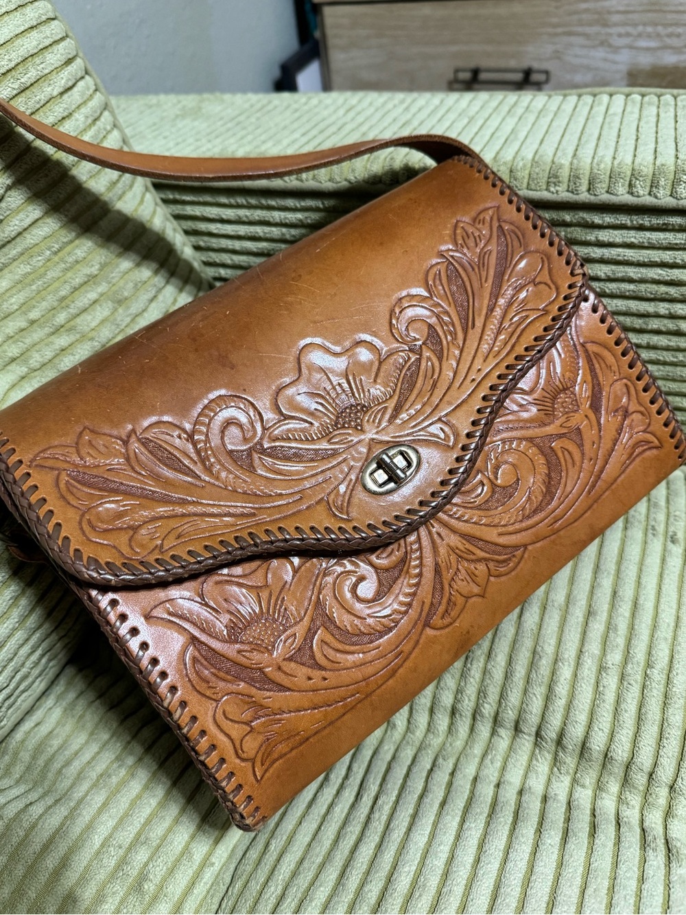 Vintage Handcrafted Tooled Leather Shoulder Bag - Tan